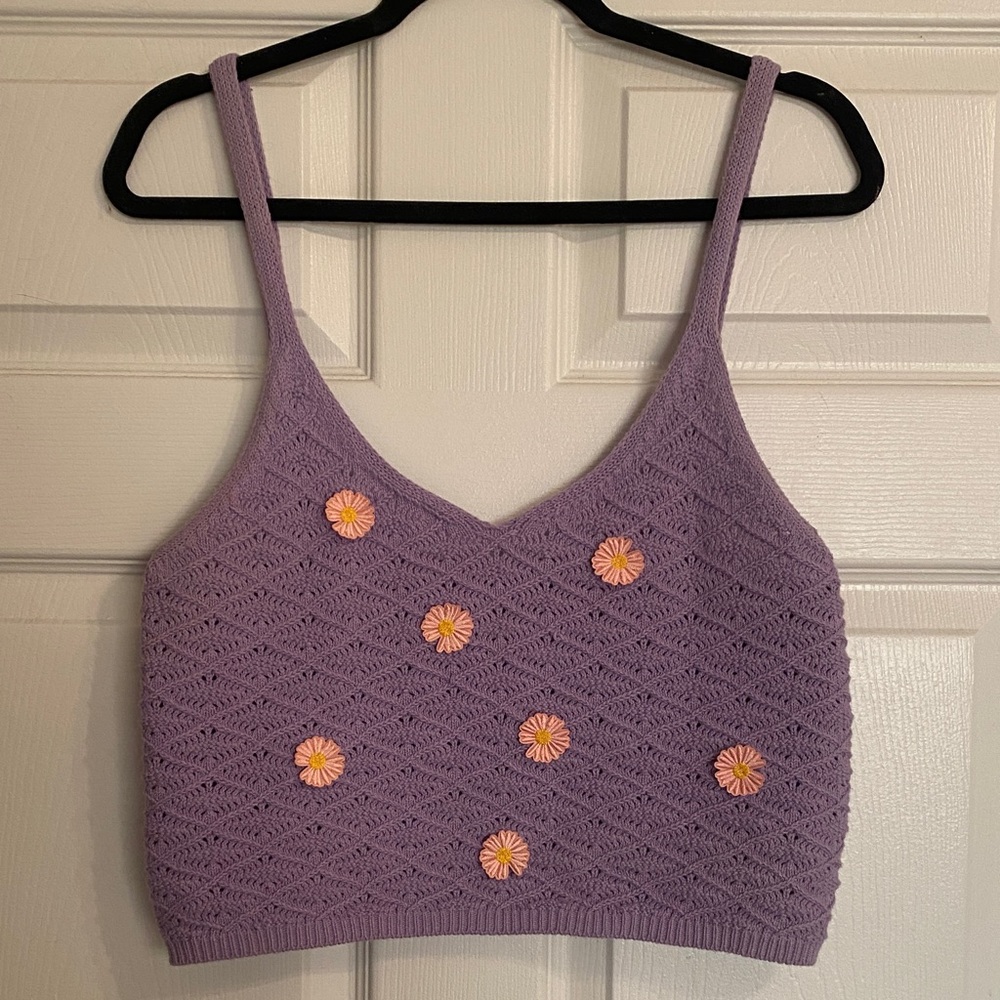 Lavender Knit Crop Top with Floral Details